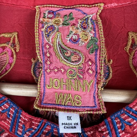 Johnny Was Blouse Womens 1X Red Embroidered Boho Tunic Top Long Sleeve Paisley